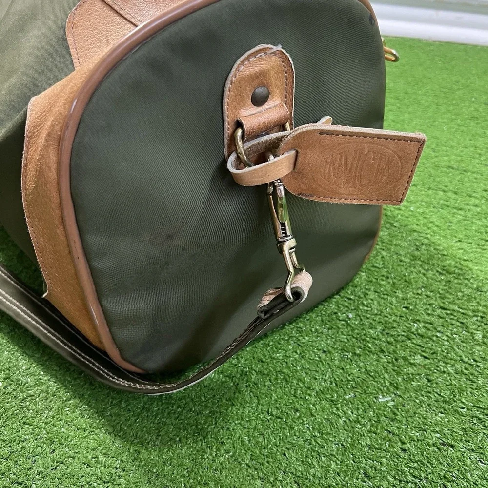 Vintage Waxed Canvas Weekender Duffle Bag Olive Drab Brown Leather Western 70s